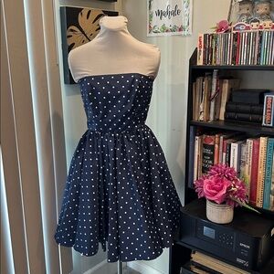 Vintage Navy Blue Polka Dot Strapless Dress with Boning